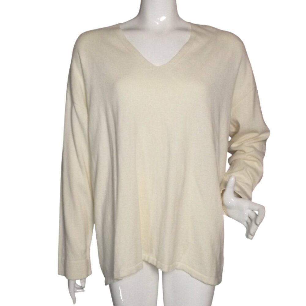 ANNE KLEIN Sweater, XL/XXL, Cream/Off-white, V-neck, Lightweight, Long sleeves